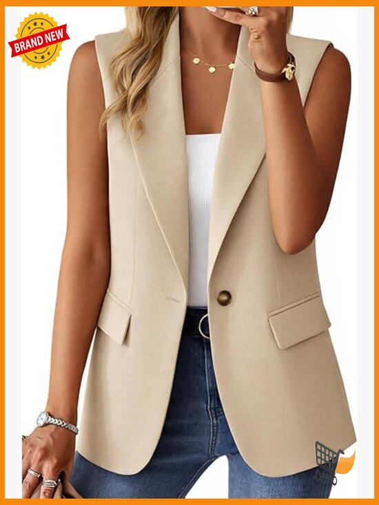 Jackets & Blazers - Sleeveless Blazer Vest Lightweight Lined Notch Lapel Button Front Pockets Work